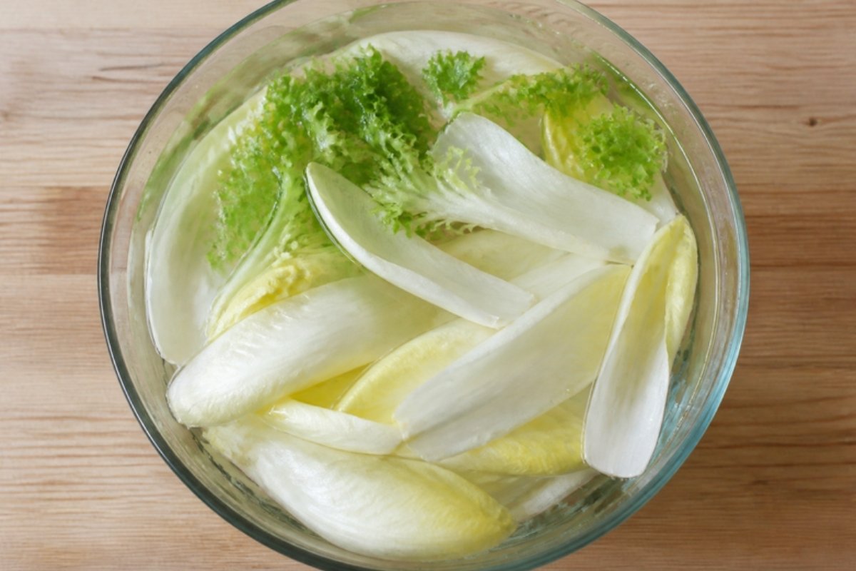 Chicoréeblätter und krause Endivie in einer Glasschüssel mit Wasser