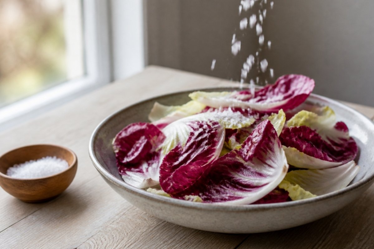 Salz rieselt auf einen Salat aus Radicchio und Chicorée, daneben ein Holzschälchen mit Salz