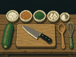 8-Bit-Pixelgrafik: Arbeitsplatz mit Schneidebrett, Messer und Schälchen mit vorbereiteten Zutaten
